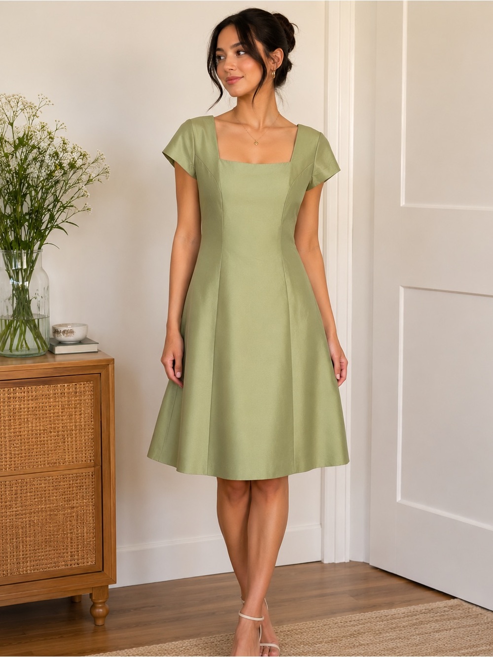 Square Neck A-Line Midi Dress in Sage Green